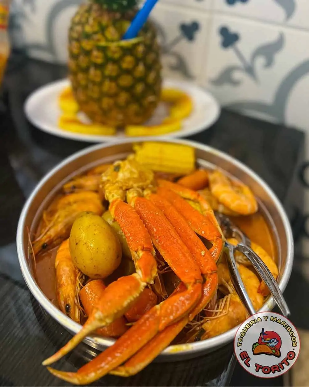 Mexican Country Bowl with crab legs, shrimp and corn